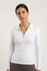 Beyaz Polo Yaka Kadın Fitilli Kaşkorse Uzun Kollu Tişört Boy :55cm